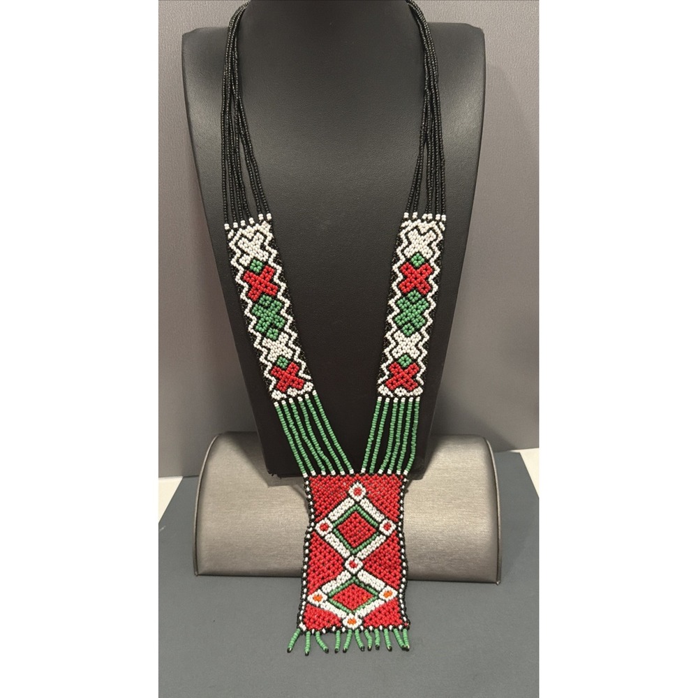 Handmade Tribal Seed Bead Statement Necklace Boho Ethnic Geometric Red Green